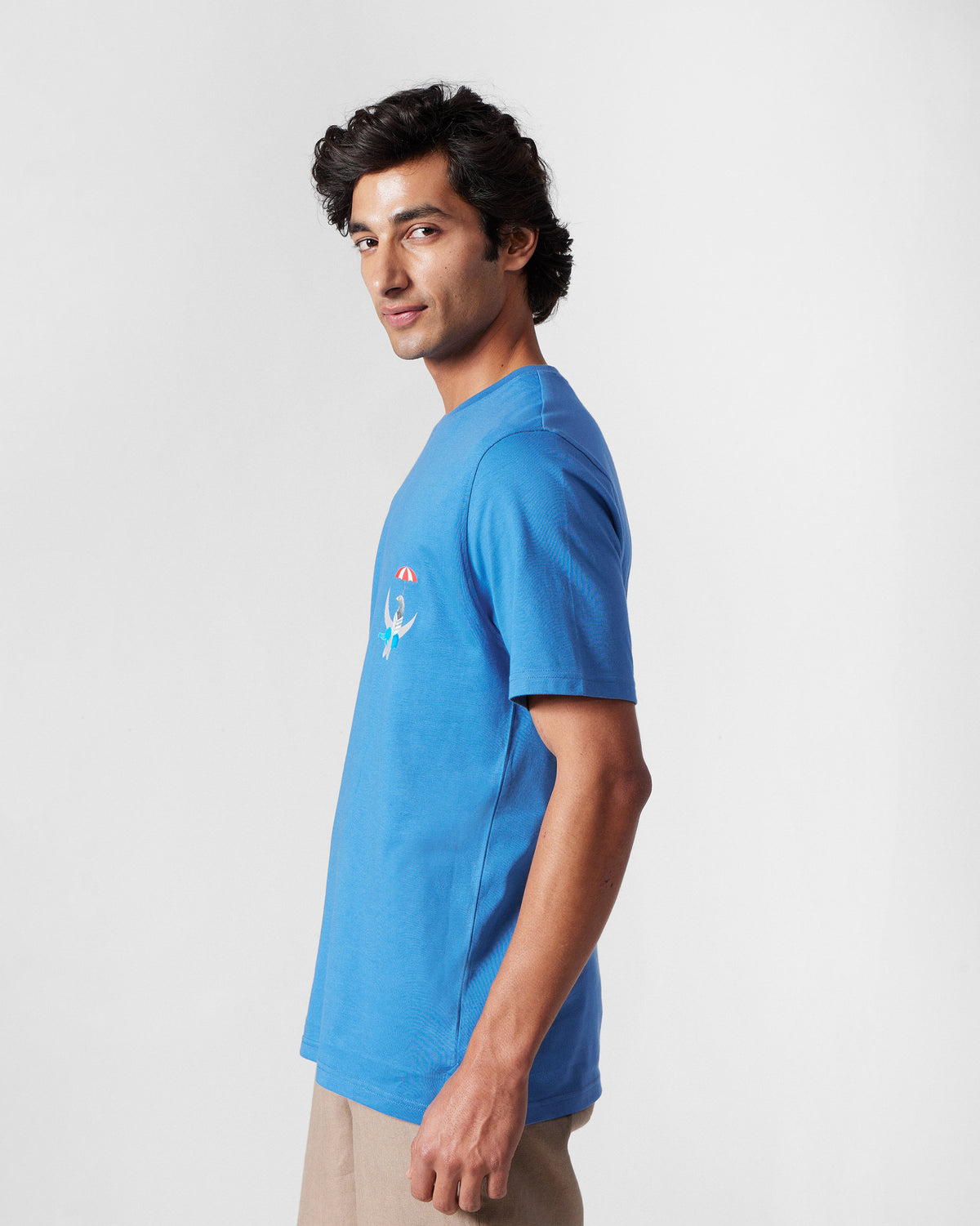 Side view of a riverside blue Everyday t-shirt.