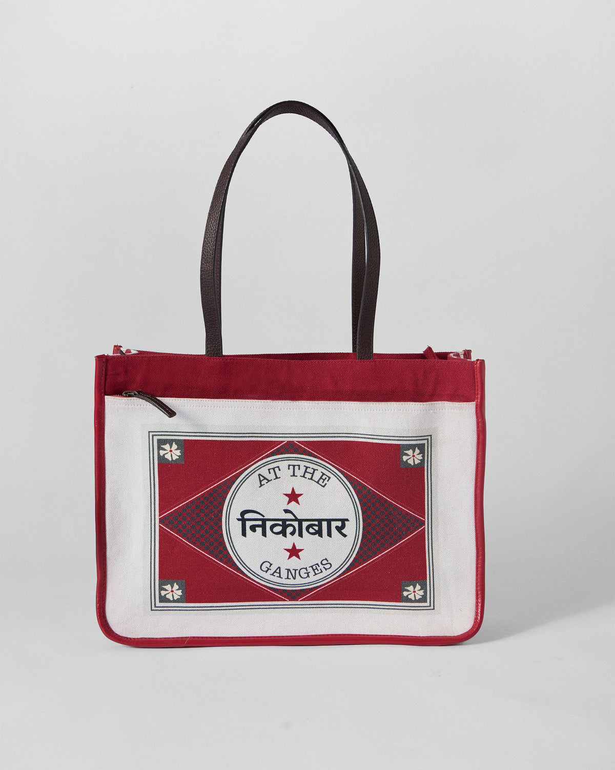 Ivory and red Ganges tote showing the At the Ganges stamp.