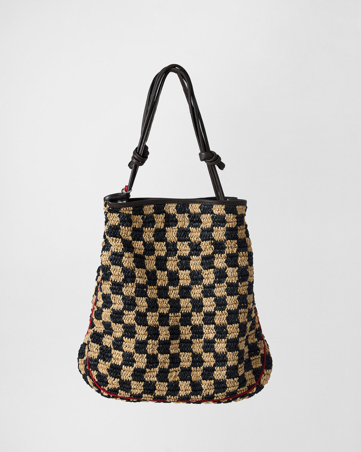 Black and natural check Nomad Tote with brown leather straps.