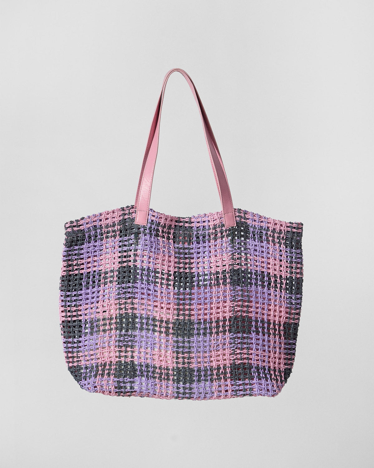Raffle woven tote in pink, lilac and charcoal check, with leather handles.