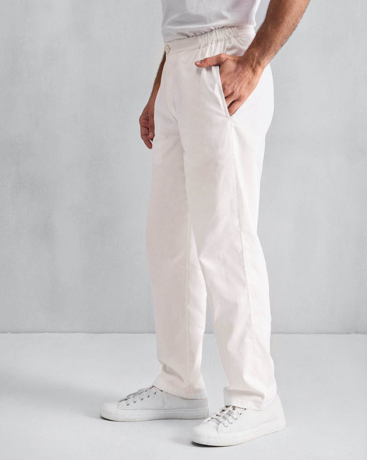 Side view of ivory Shillong jammies with an elasticated waist.