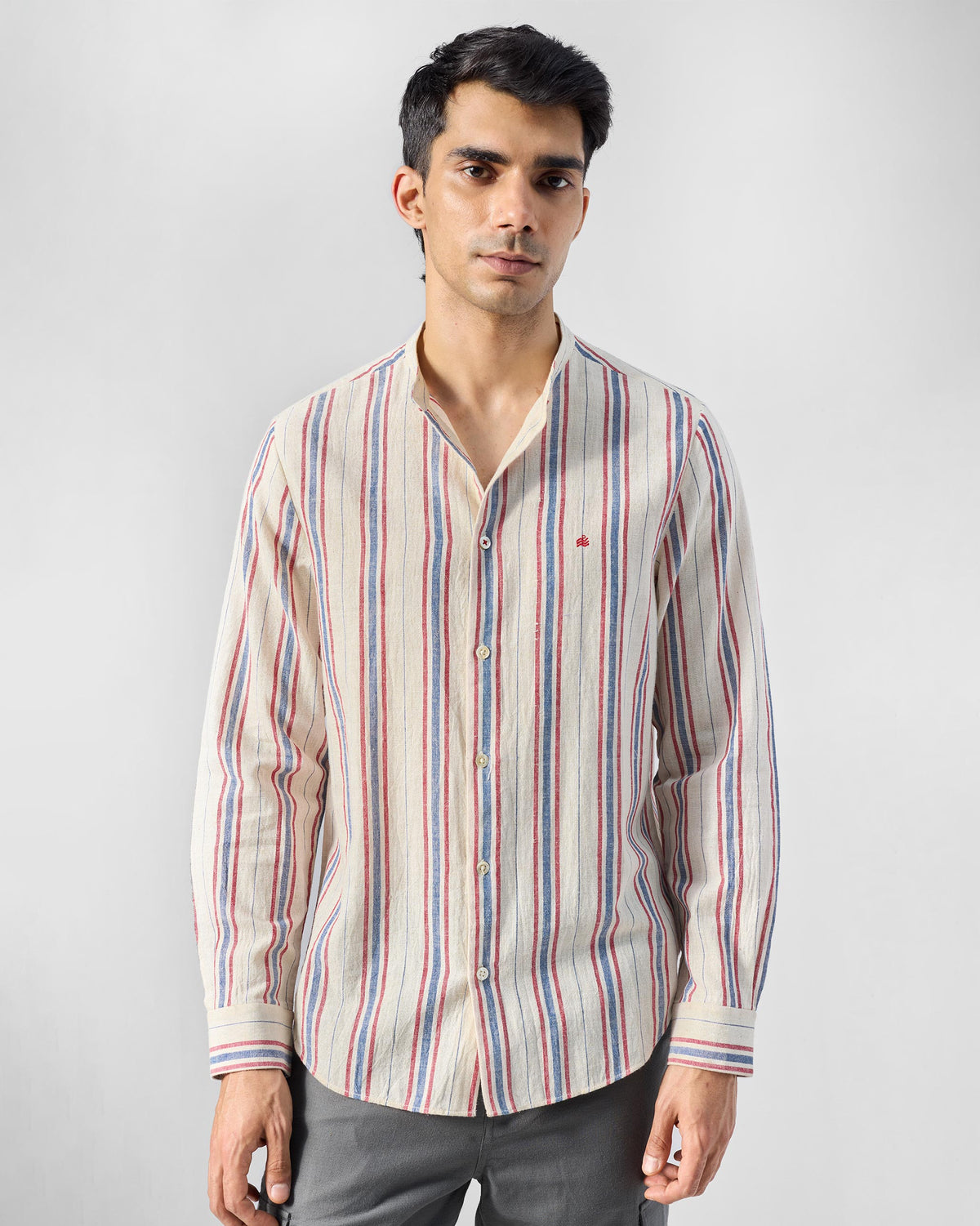 Nawab Shirt front with band collar and horizontal striped cuffs.
