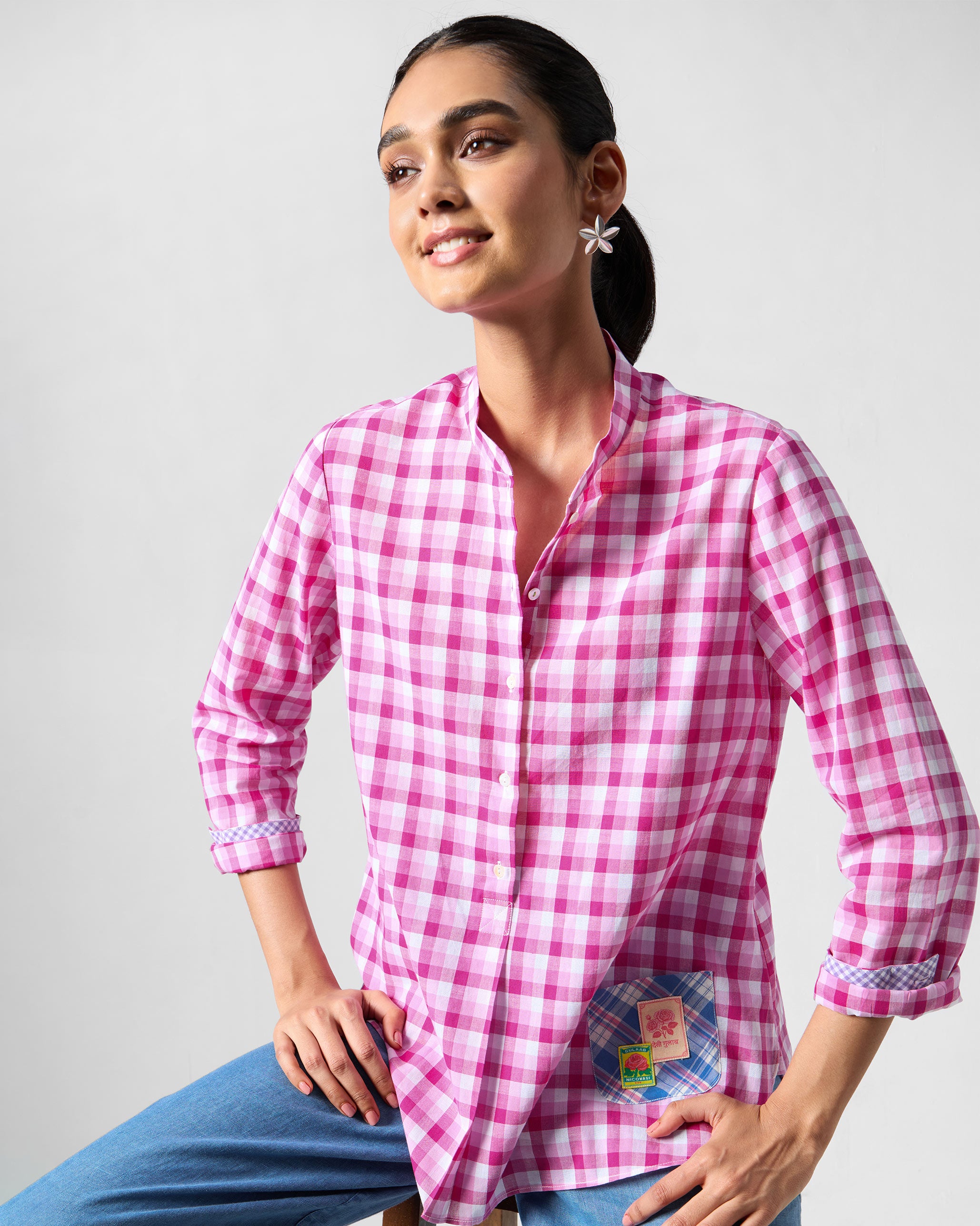 Mandarin Collar Top - Pink & White Checks