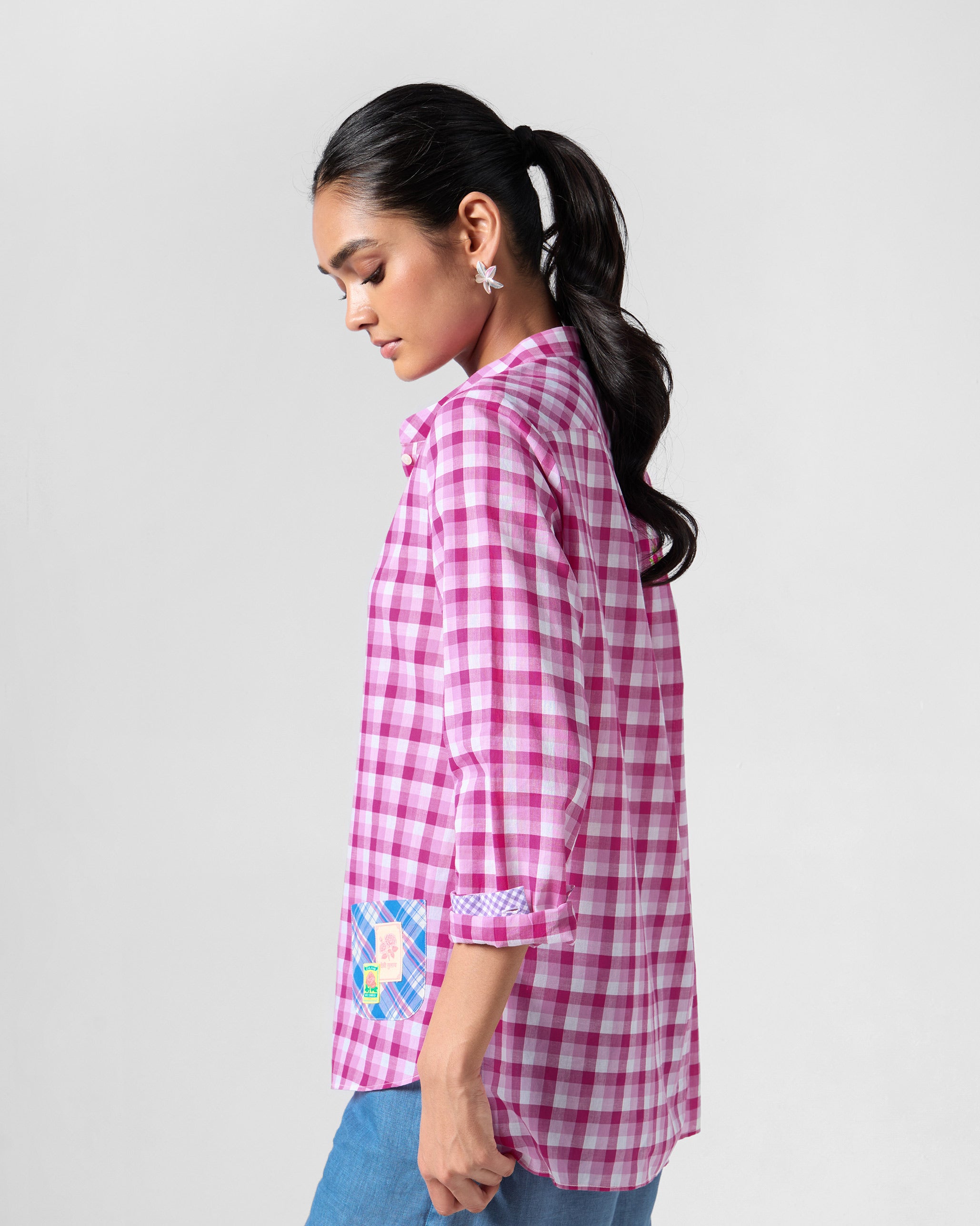 Mandarin Collar Top - Pink & White Checks