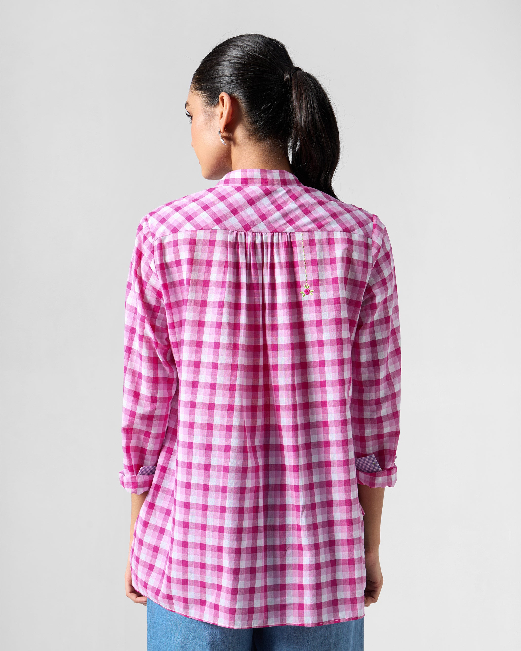 Mandarin Collar Top - Pink & White Checks