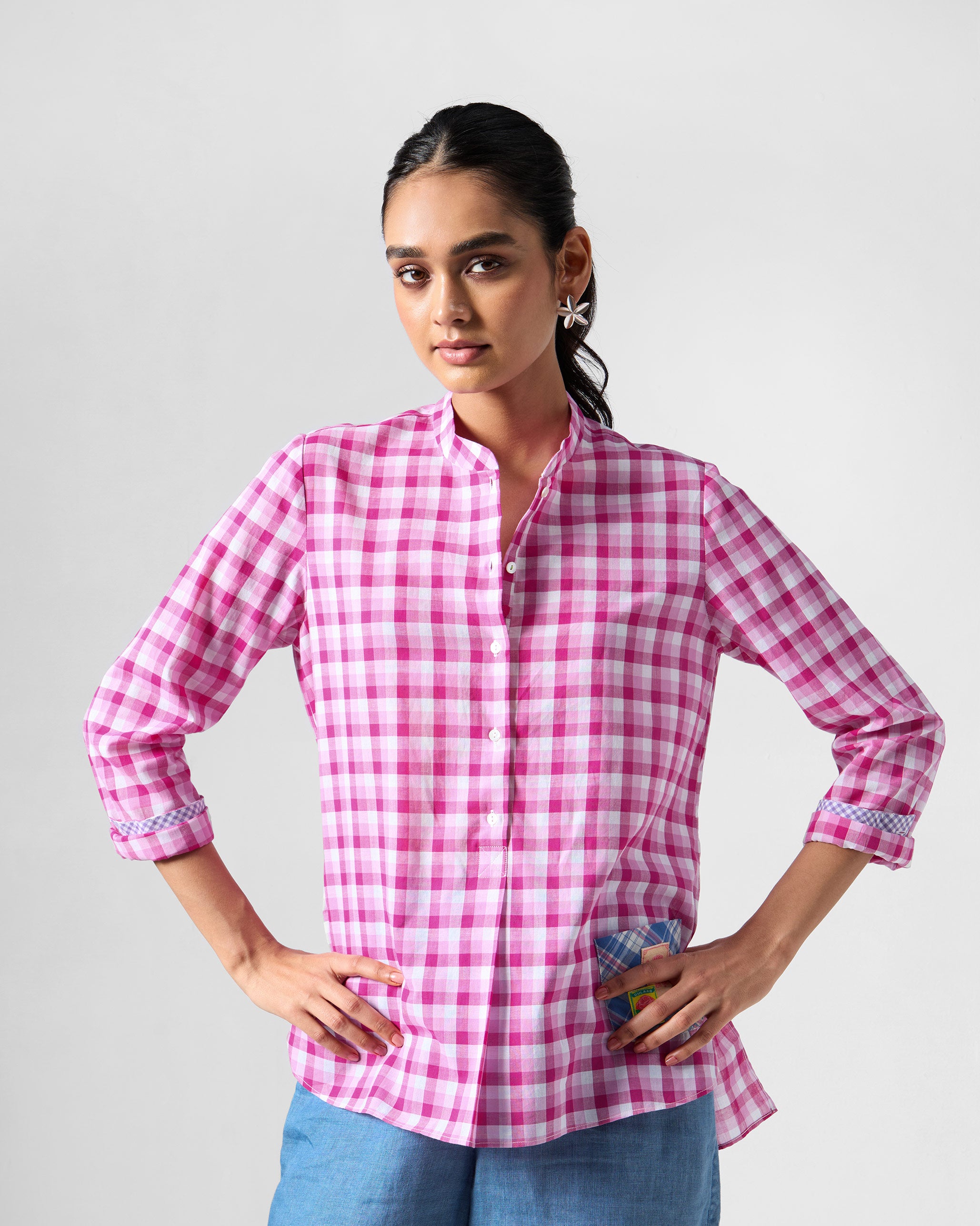 Mandarin Collar Top - Pink & White Checks