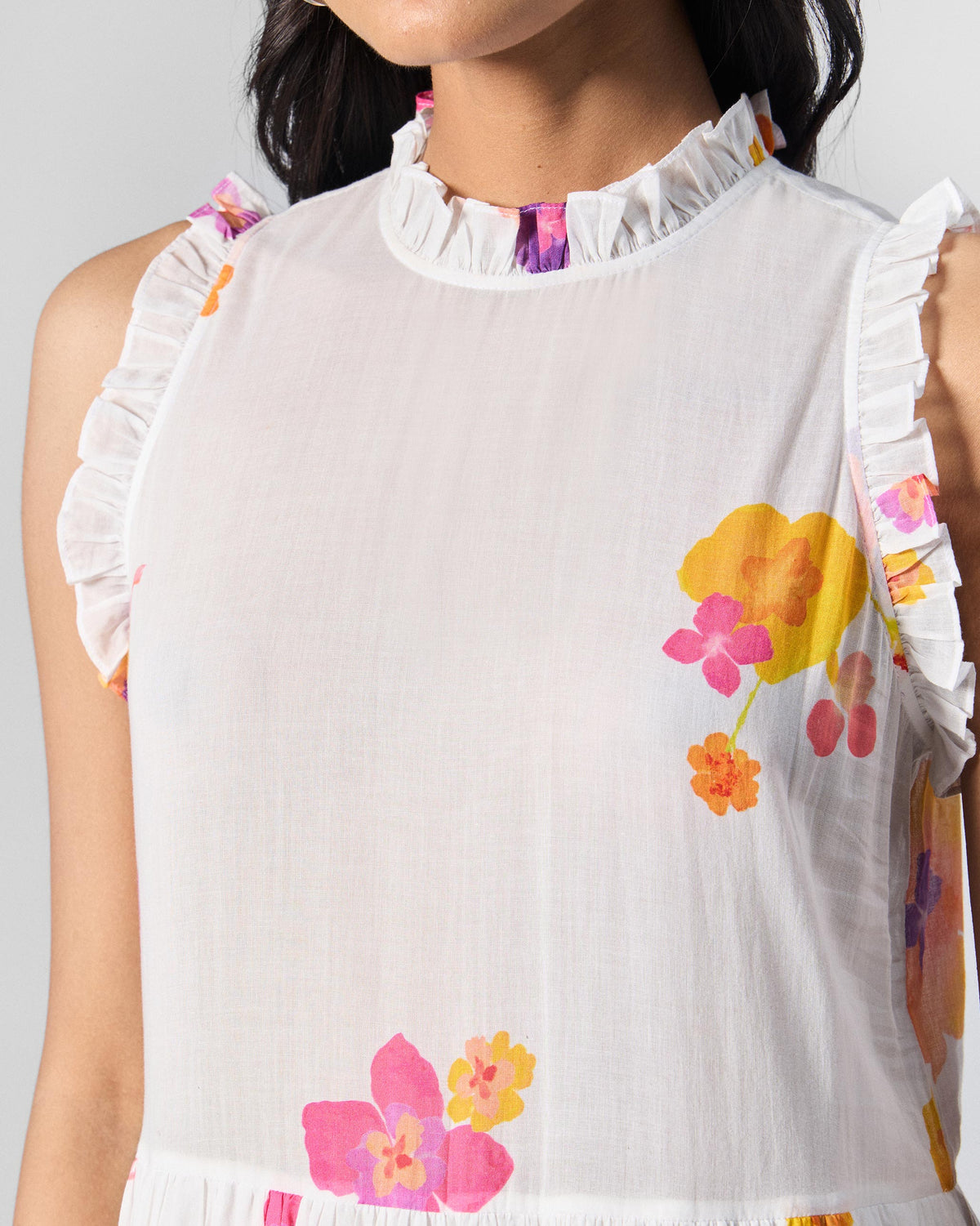 Close-up of an ivory Reah dress with a ruffled collar and floral print.