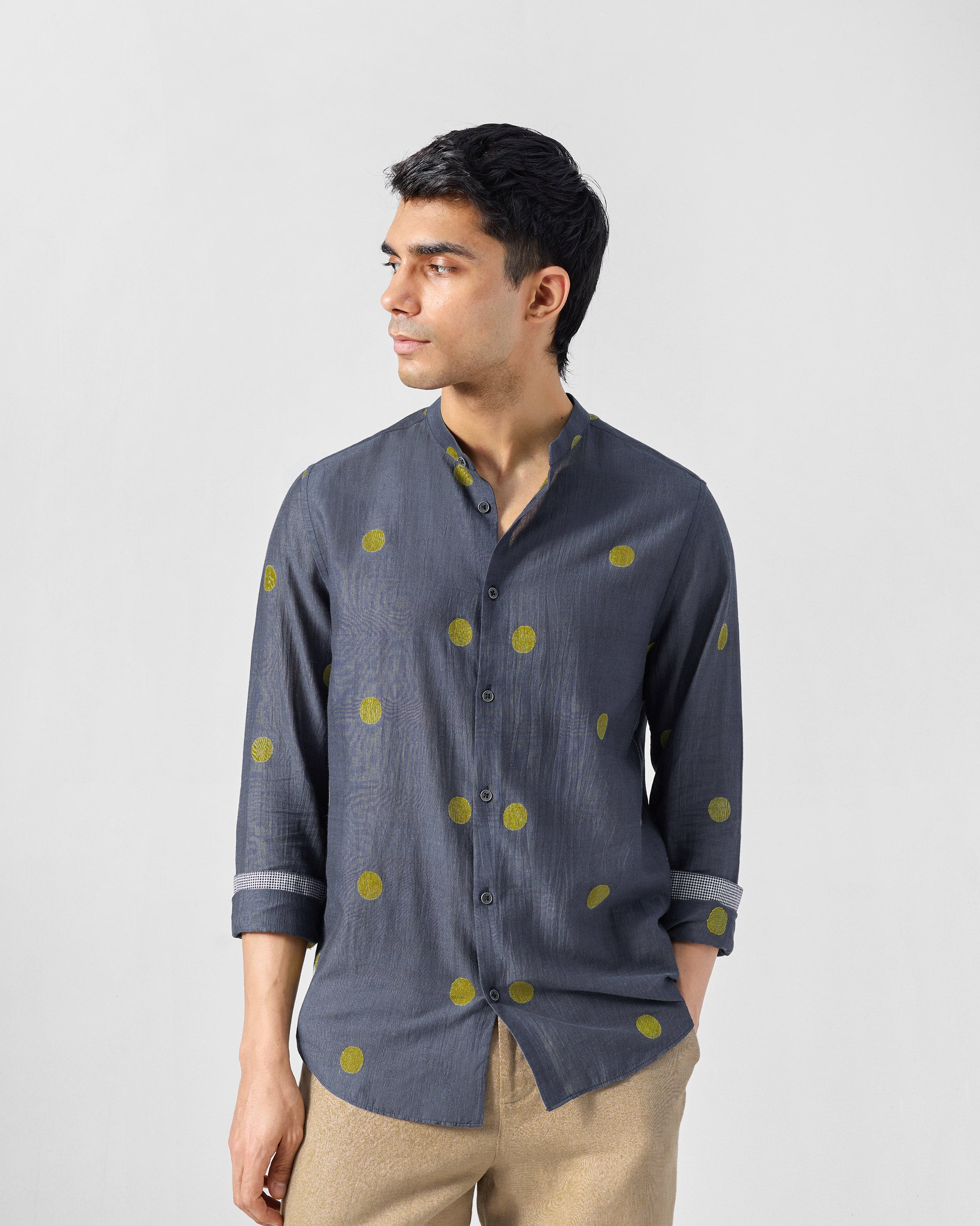 Nawab Shirt - Charcoal & Yellow Jamdani