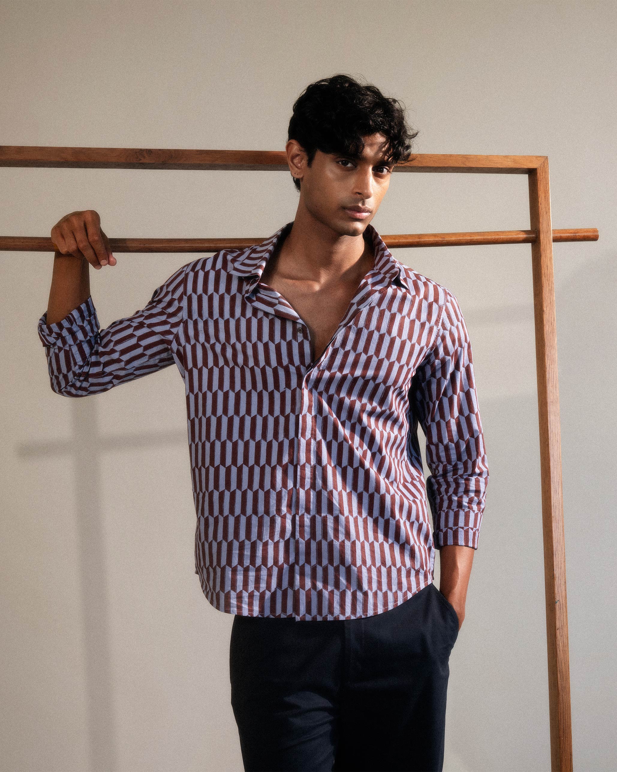 Drongo Shirt - Brown & Light Blue Print