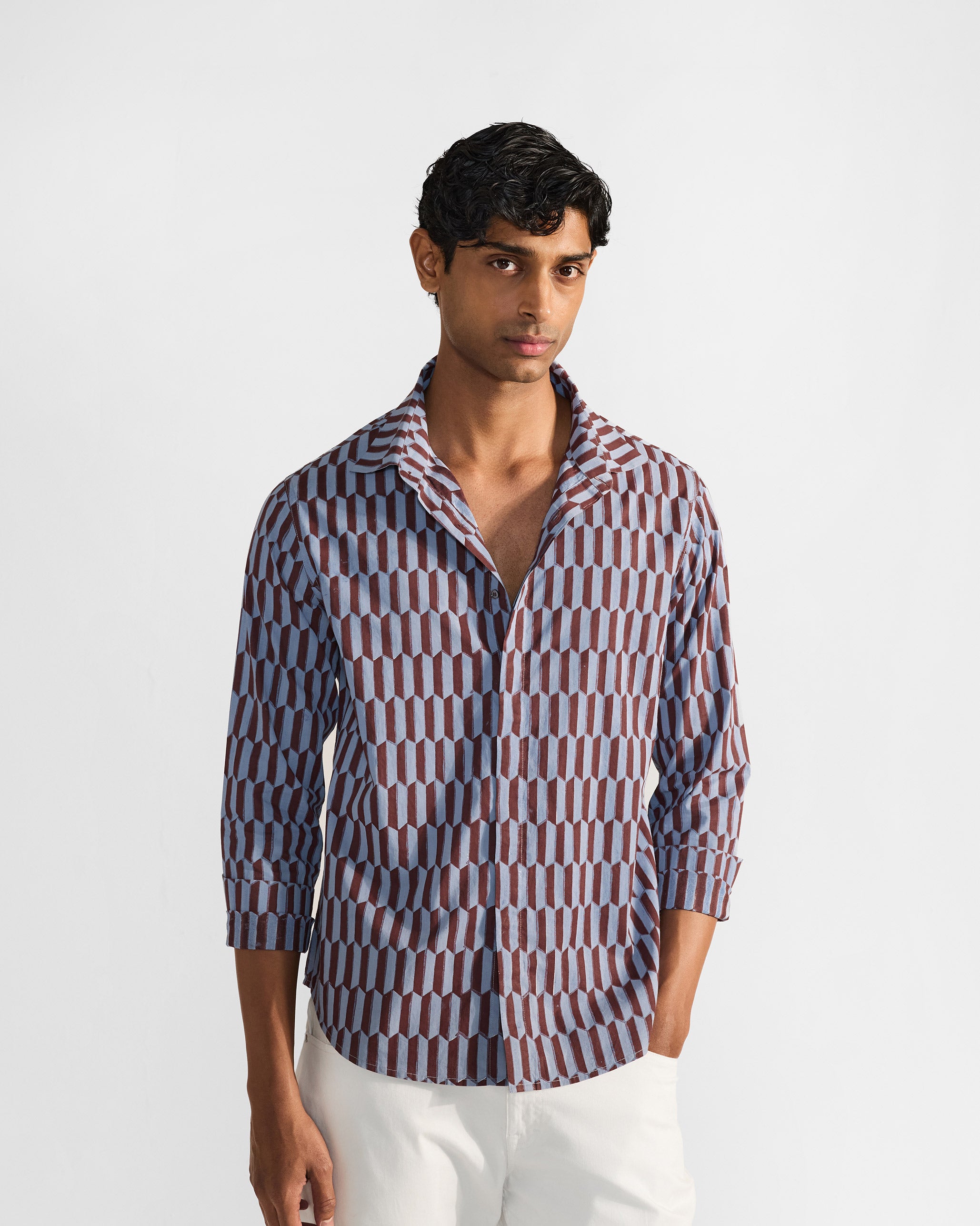 Drongo Shirt - Brown & Light Blue Print