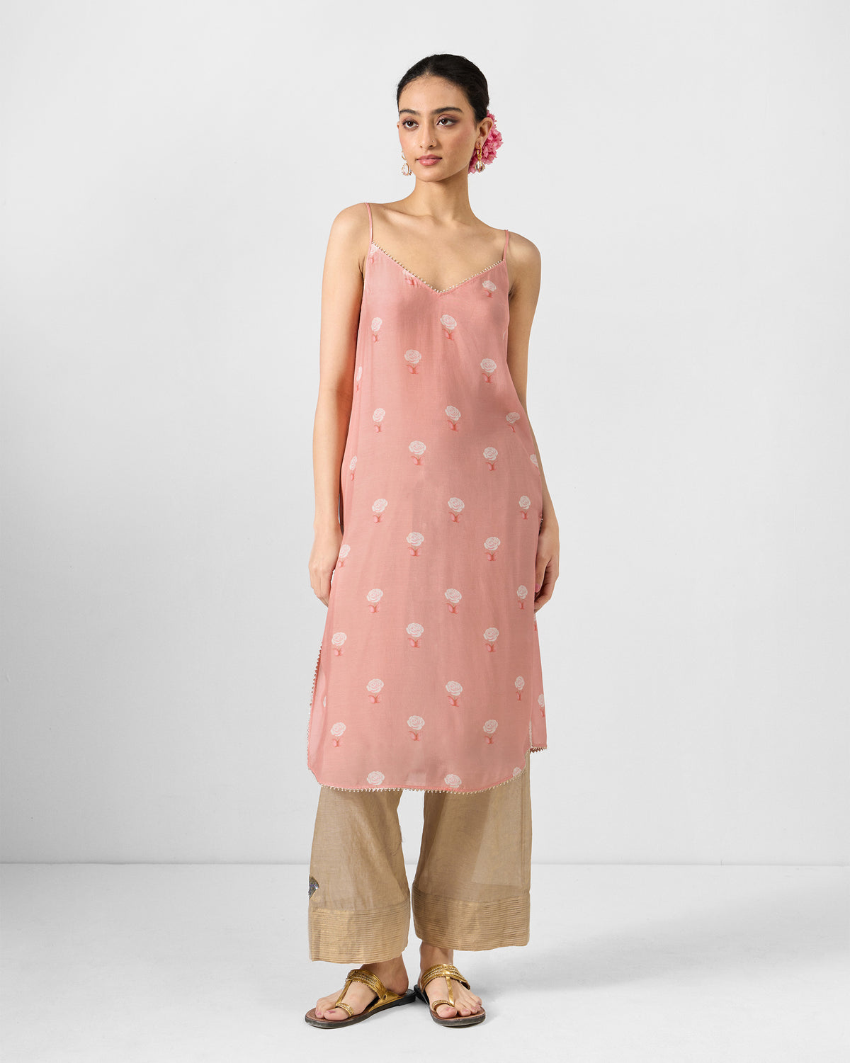 Pink printed slip with white motifs from the Sukhna kurta with slip set.