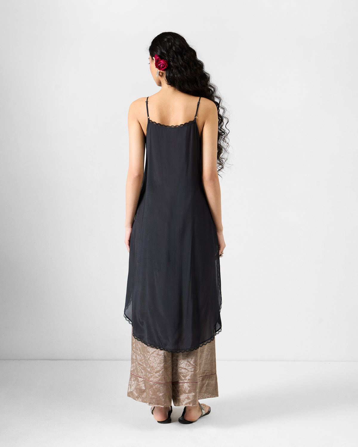 Back of the black lace-trimmed slip for the charcoal Amboli Kaftan.