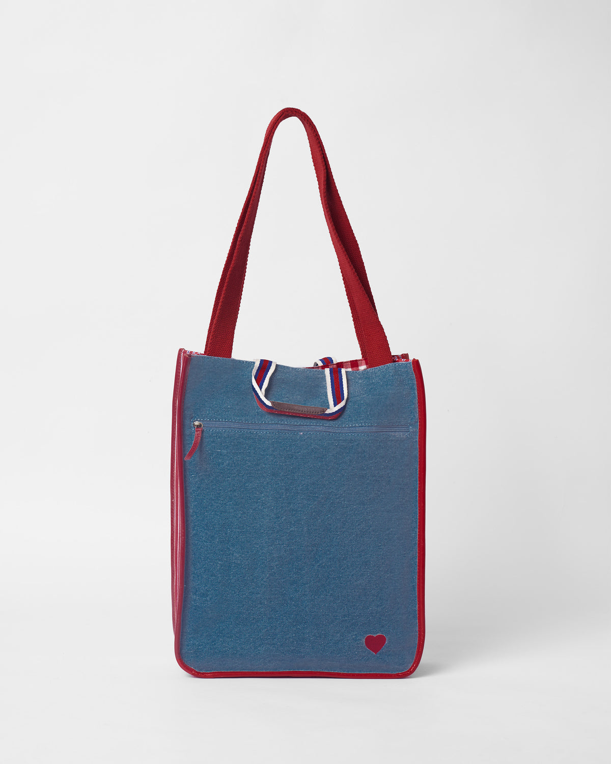 Blue Nico Matchbox tote with a zip pocket and red heart.