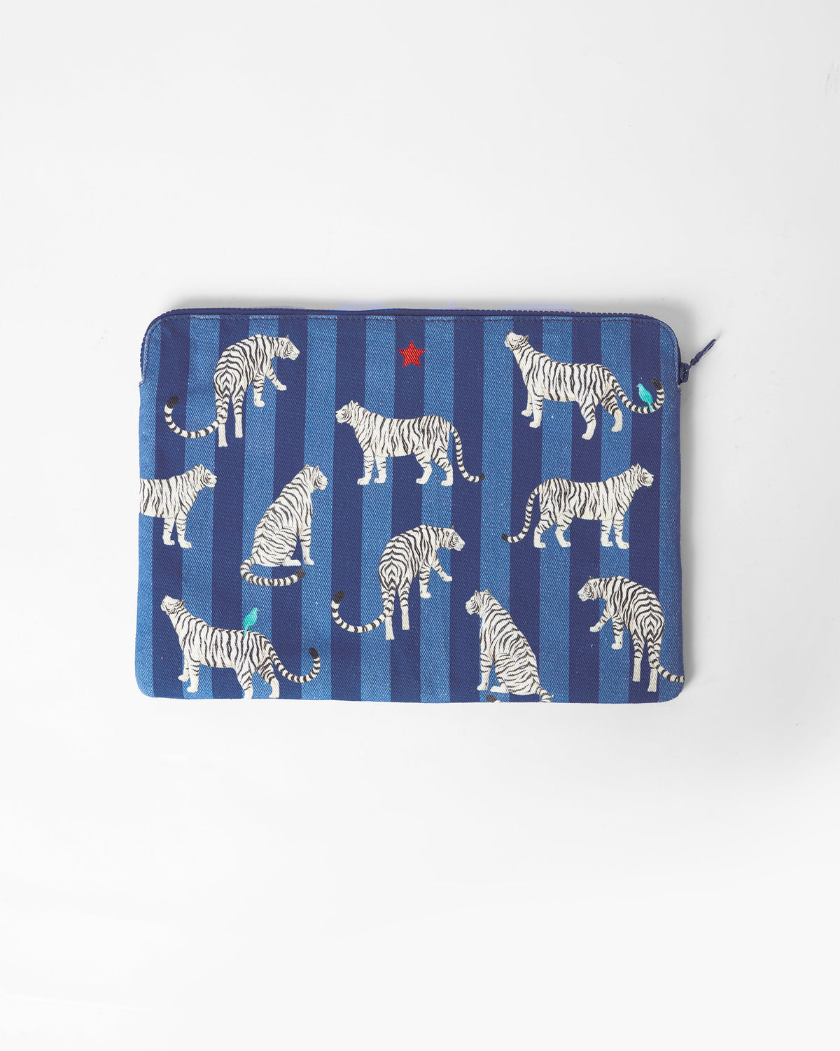 Berber Laptop Sleeve in blue stripes with white tigers, laid flat.