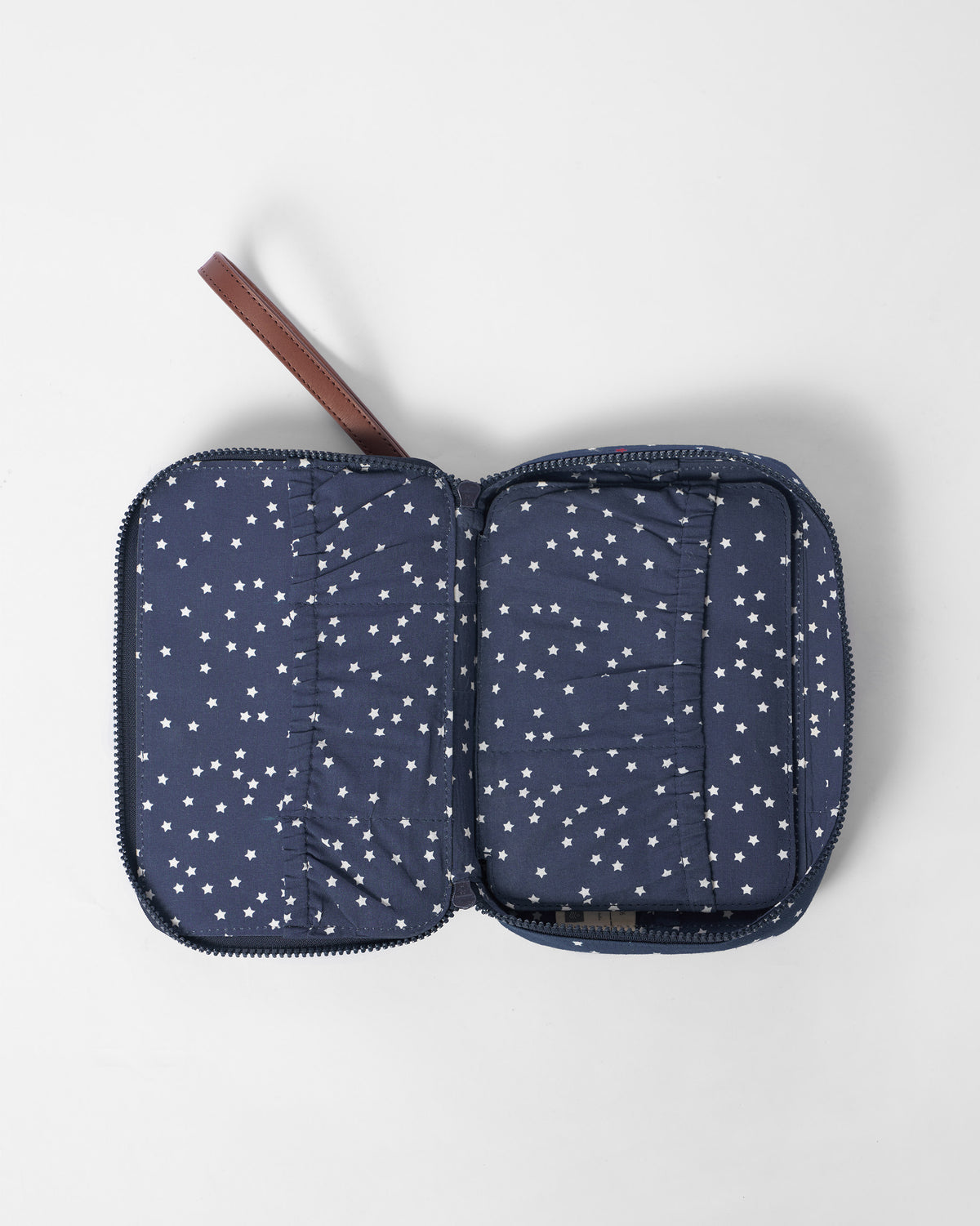 Open navy Gadget Pouch showing elastic pockets and a white star lining.