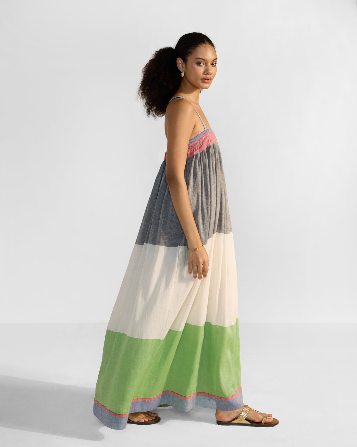 Side view of a multicolour Bina maxi dress showing the tiered silhouette.
