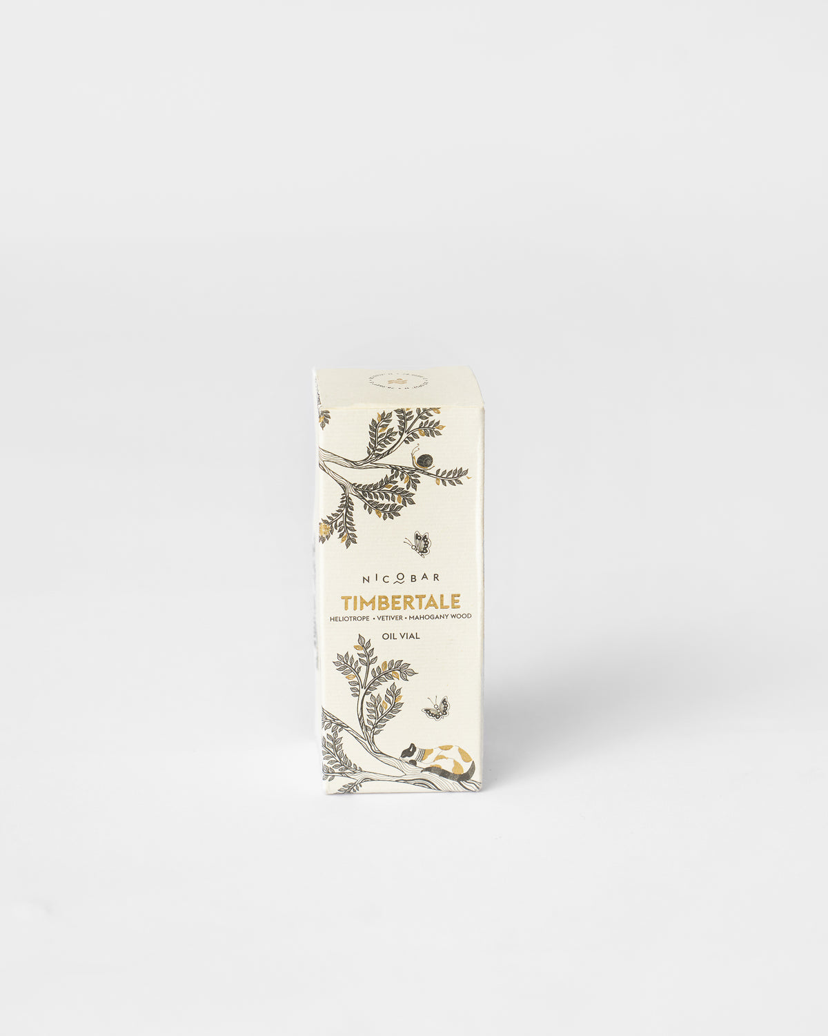 Cream Timbertale oil vial box with branch and spotted animal illustrations.