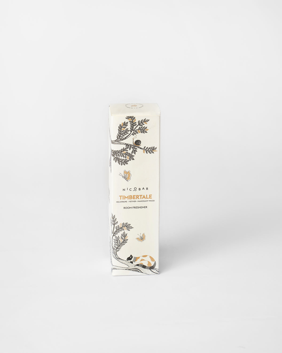 Timbertale Room Spray box with botanical sprigs and gold lettering.