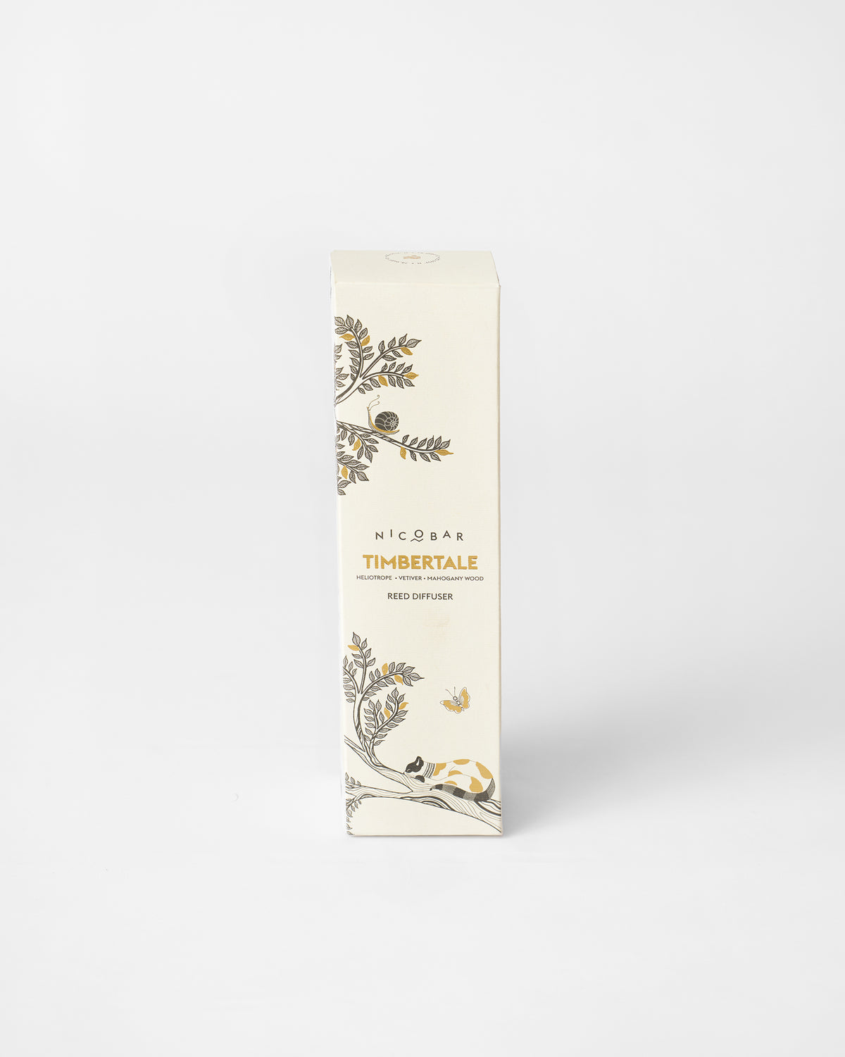Timbertale Reed Diffuser box with botanical sprigs and gold accents.