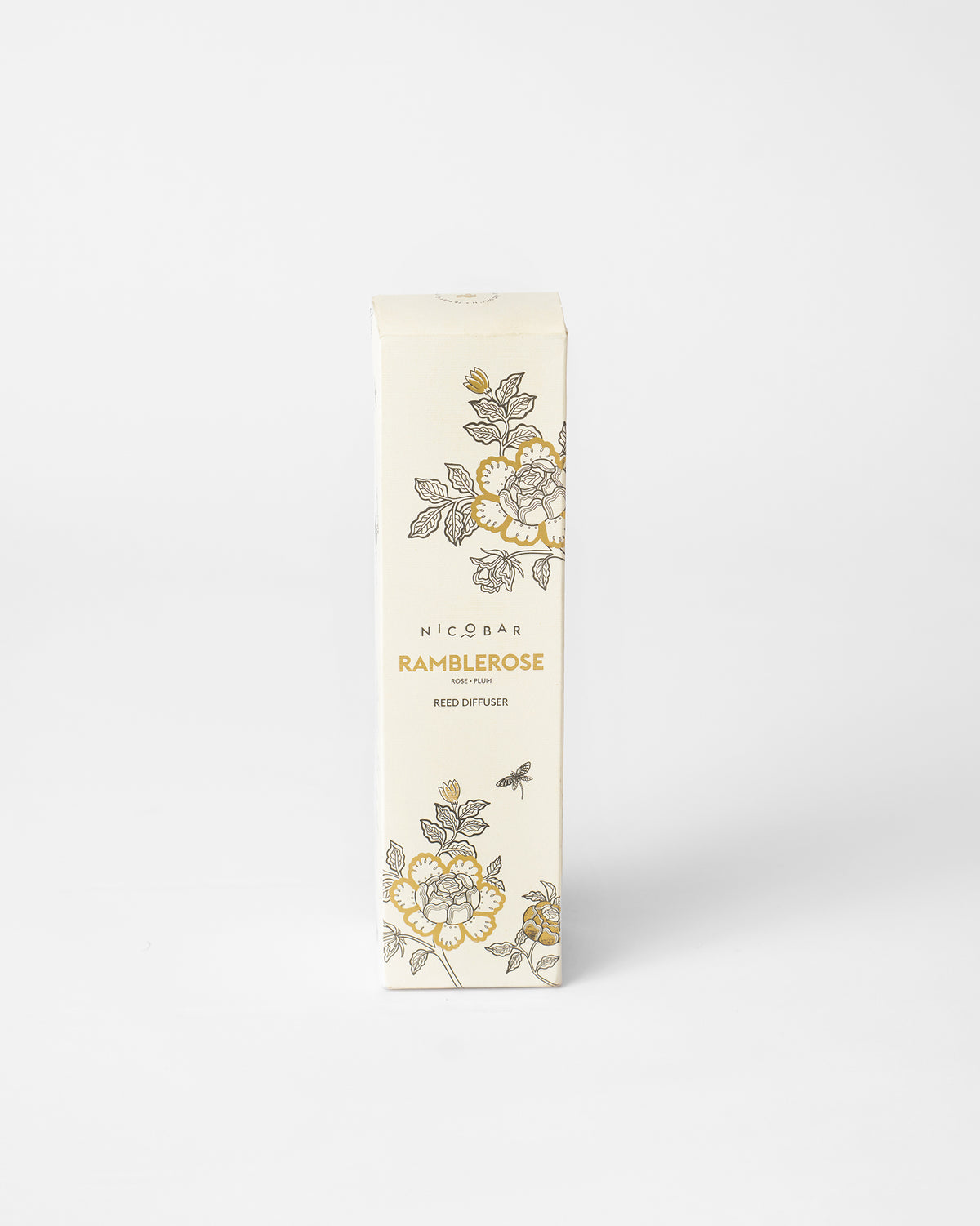 Box for the Ramblerose reed diffuser with gold floral print.