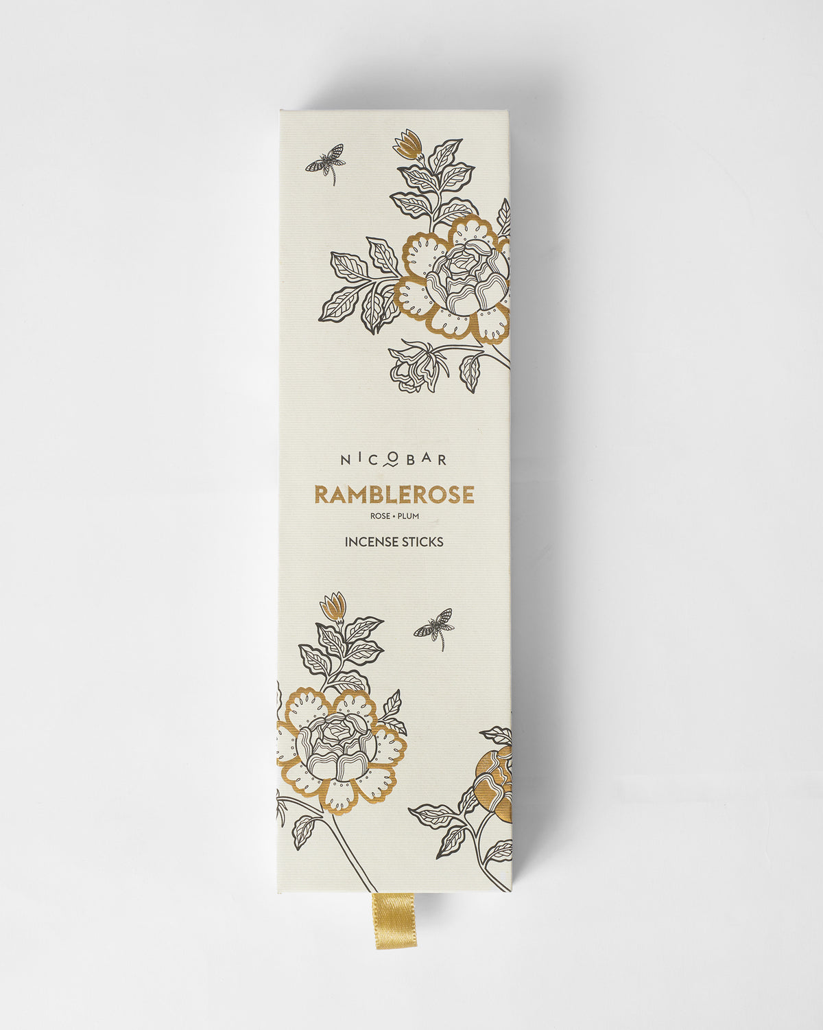 Ramblerose incense sticks box with rose illustrations and gold type.