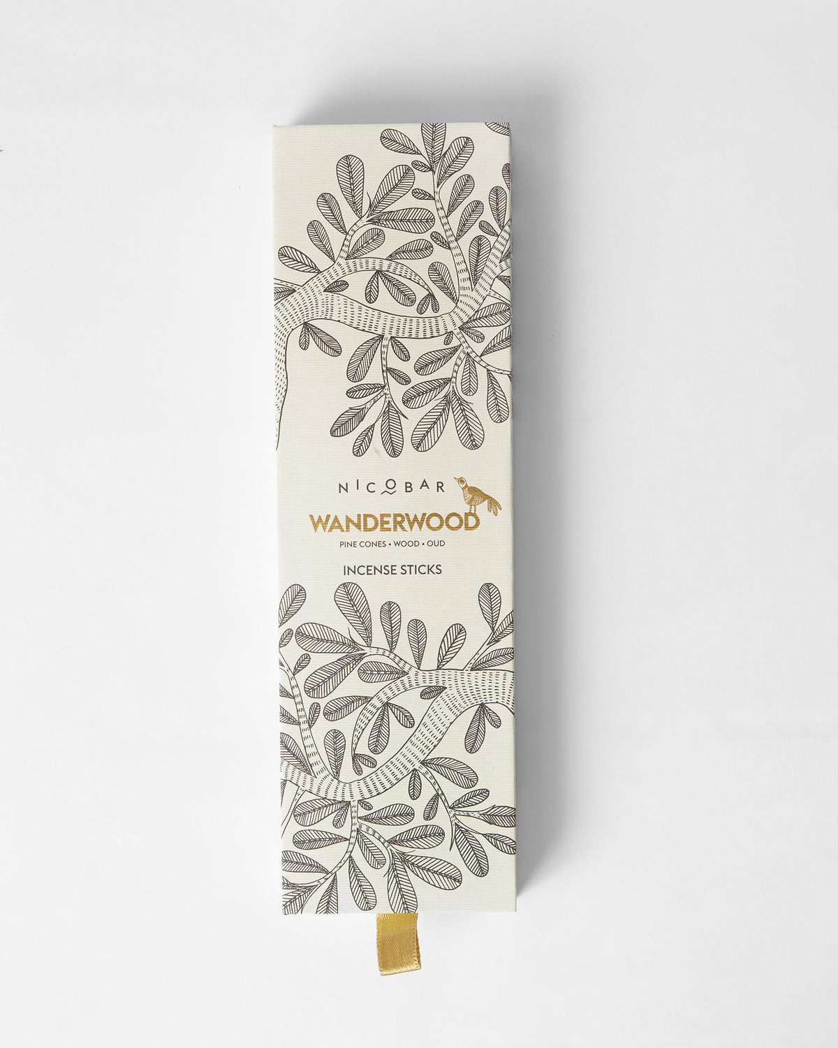 Wanderwood incense sticks box with leafy branch print and gold lettering.