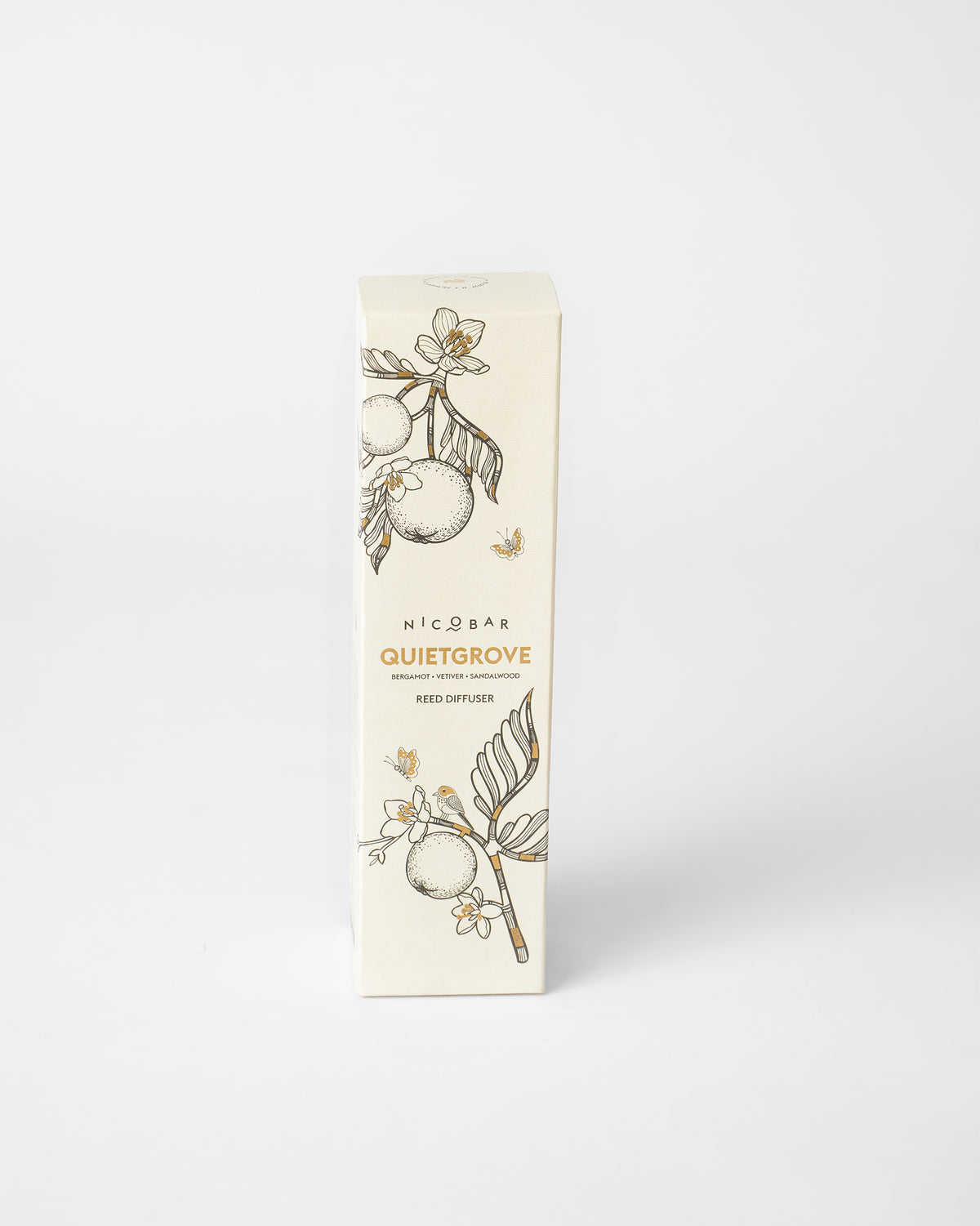 Quiet Grove reed diffuser box with a cream botanical design.