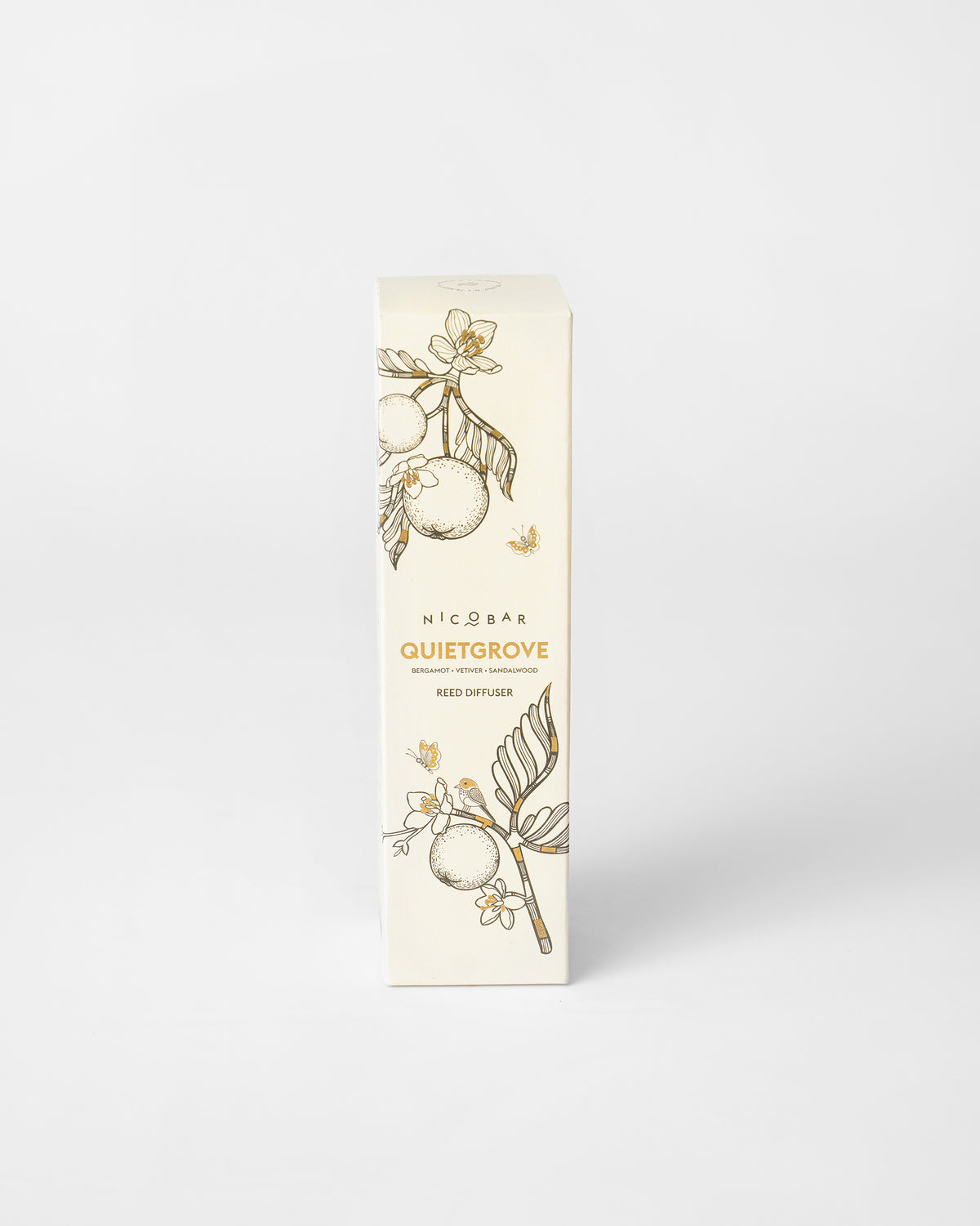 Quiet Grove reed diffuser carton listing bergamot, vetiver, sandalwood.