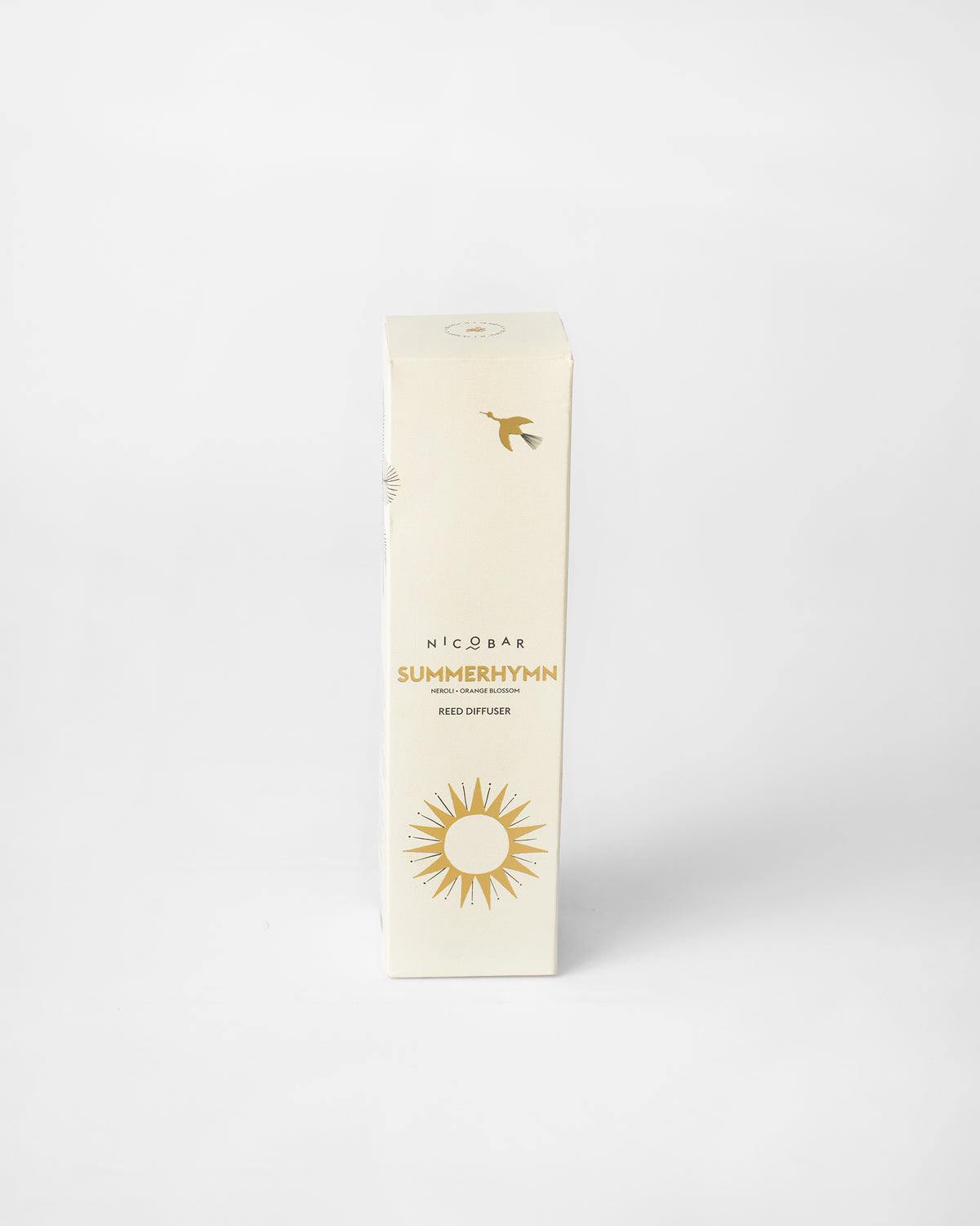 Cream Summer Hymn reed diffuser gift box with a gold sun graphic.