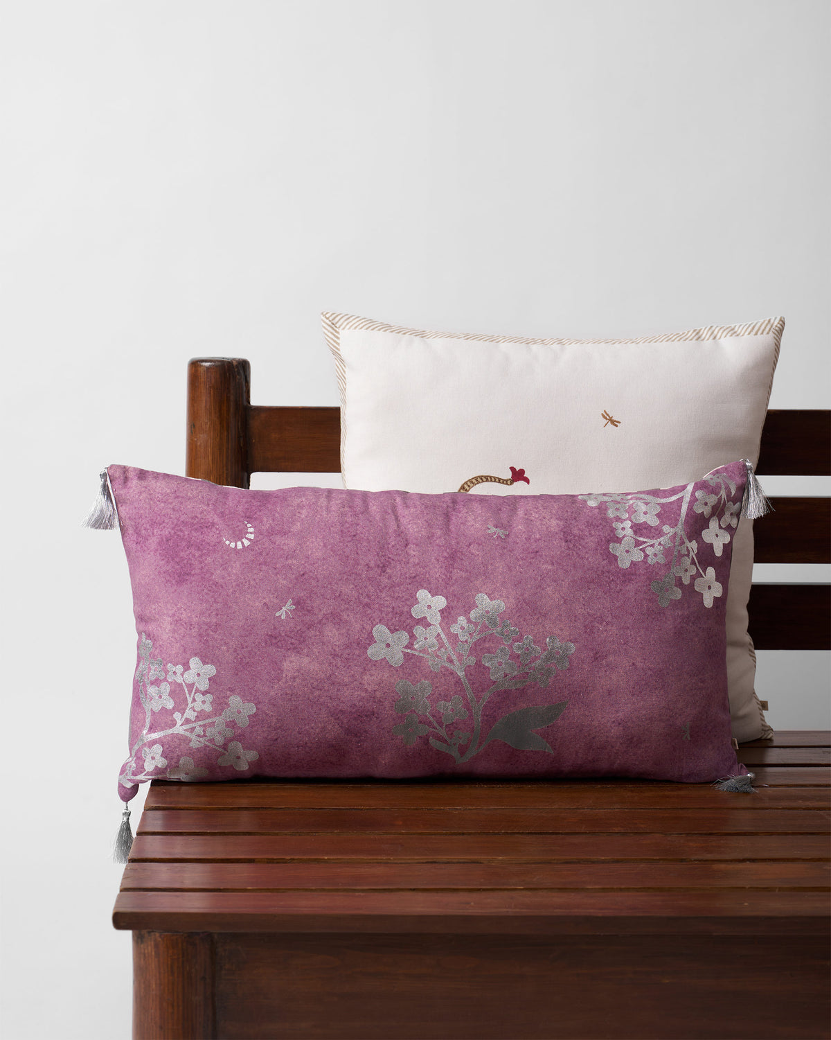 Blooming Fern cushion cover in purple with silver blossom sprigs.