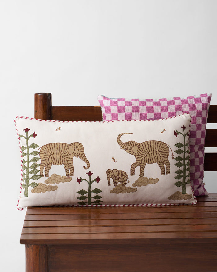 Ele in Bloom Cushion Cover in cream with striped elephants and flower stems.