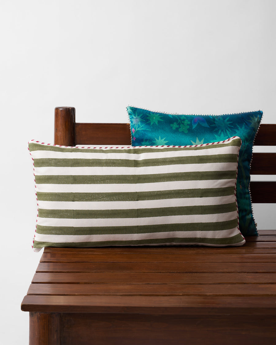 The cushion's striped reverse.