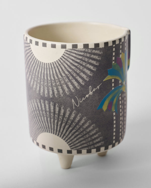 The charcoal planter with sunburst fans and a palm