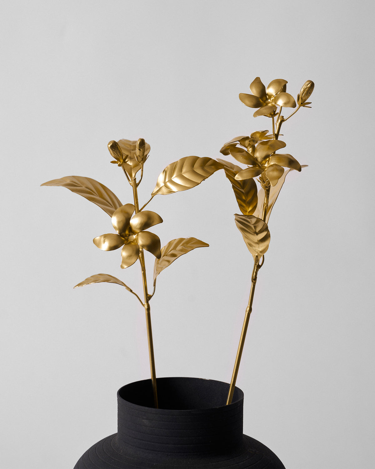 Gold Mogra stems arranged in a dark ribbed vase.