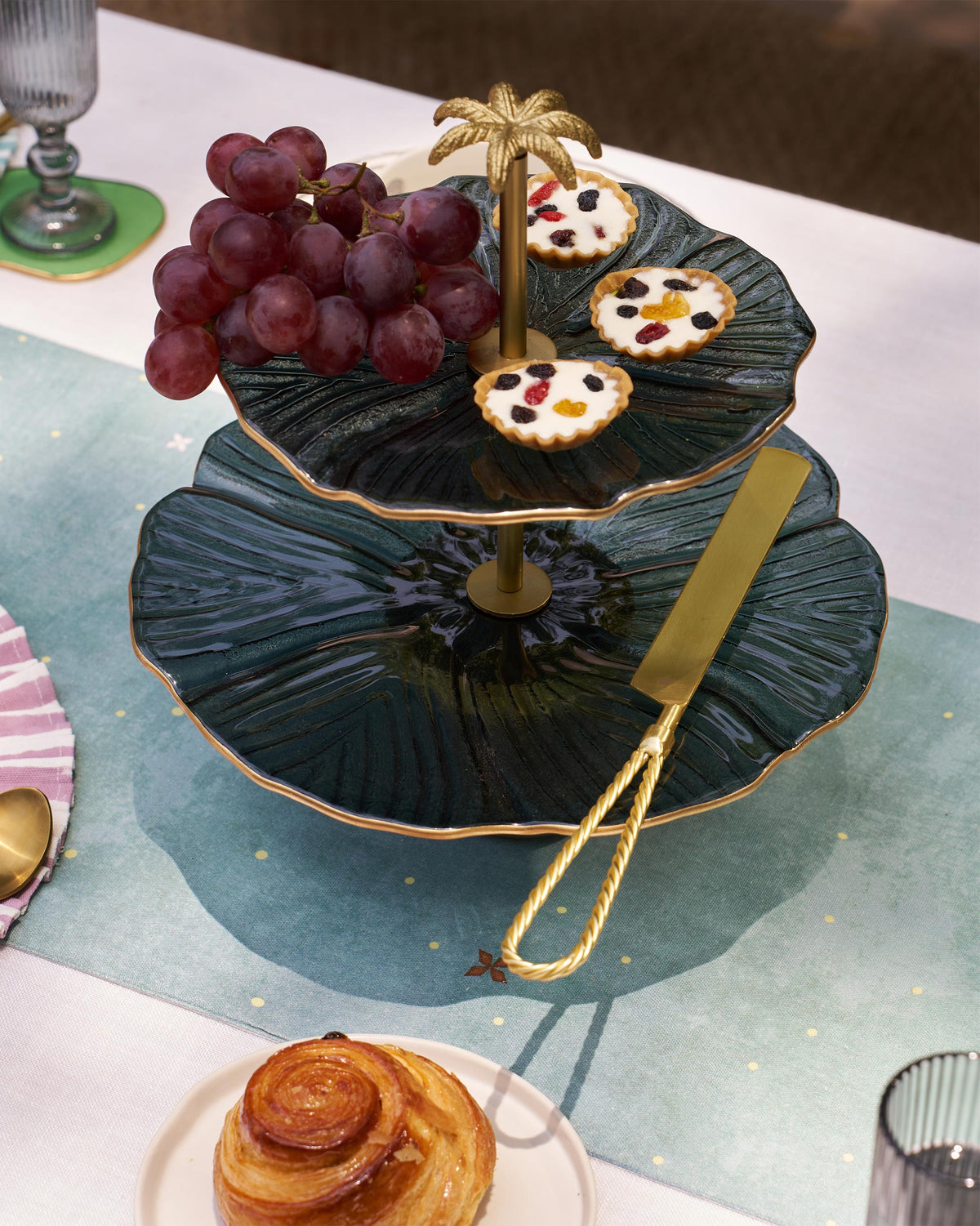 Phool Cake Stand - Charcoal shown in a table setting with its two tiers.