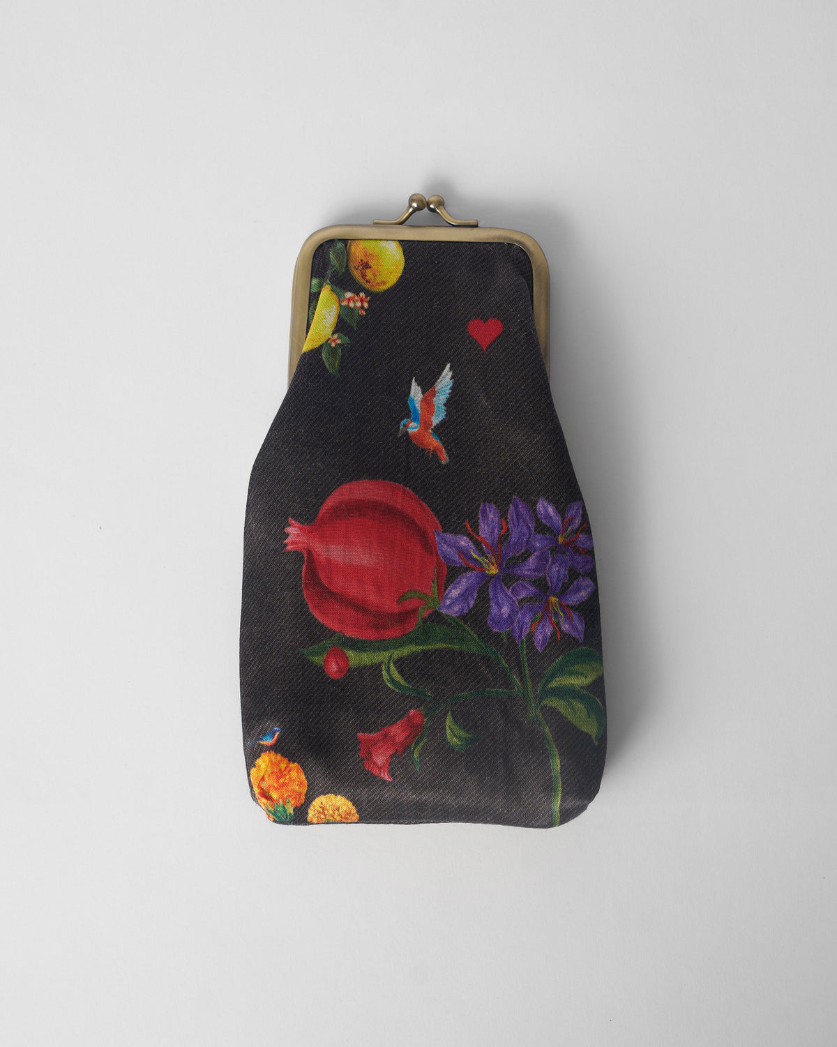 Charcoal Hana Spec Case with a floral print and brass clasp.