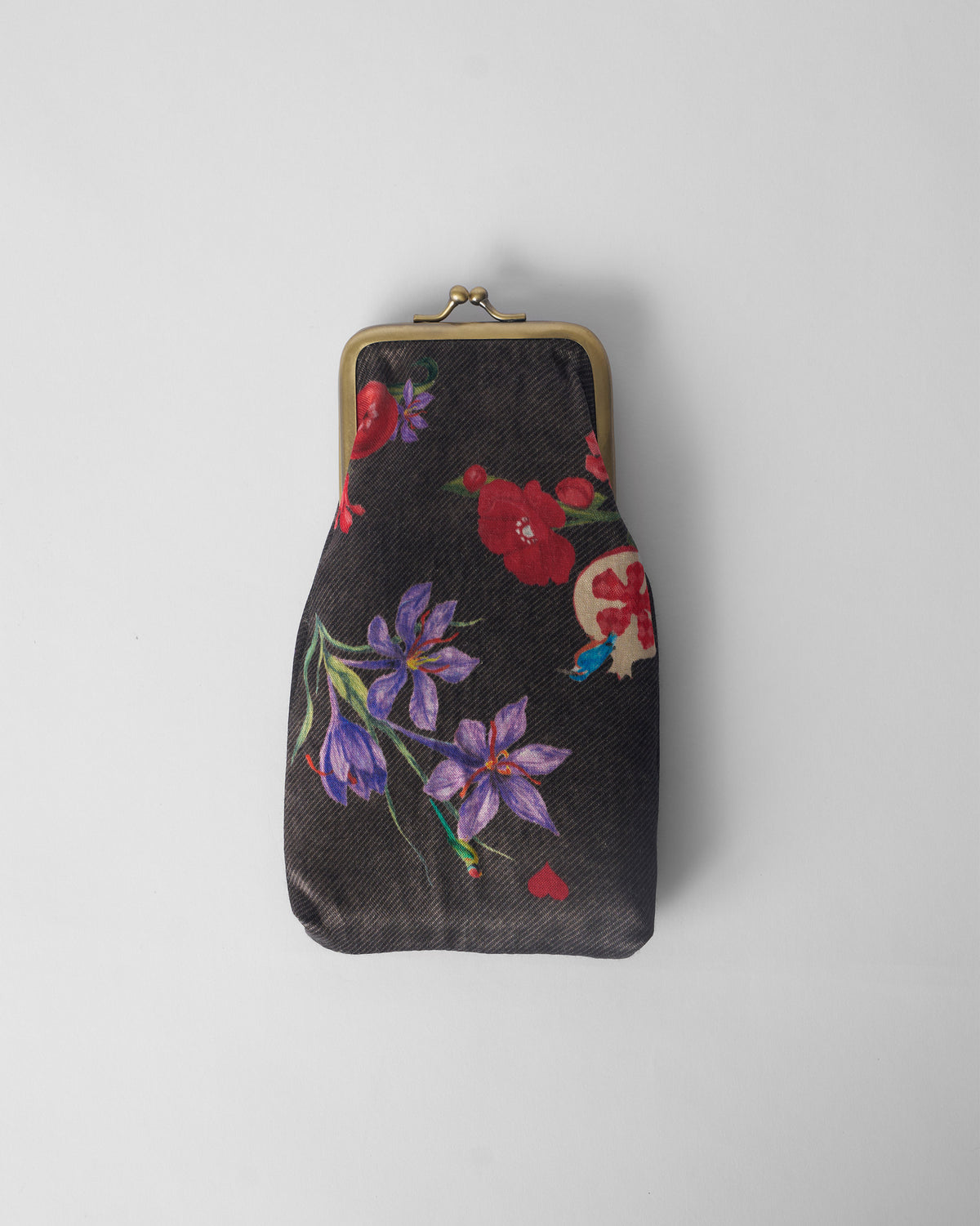 Charcoal Hana Spec Case with purple flowers and fruit print.