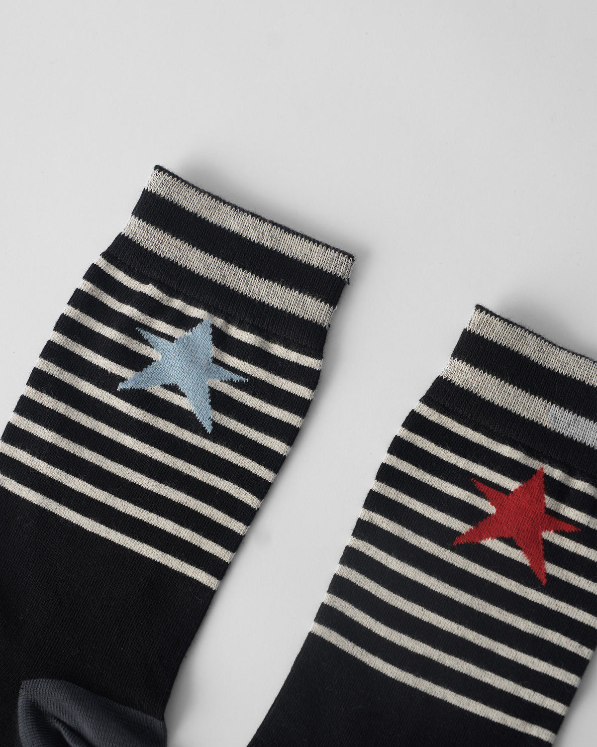 Close-up of striped sock cuffs with mismatched blue and red stars.