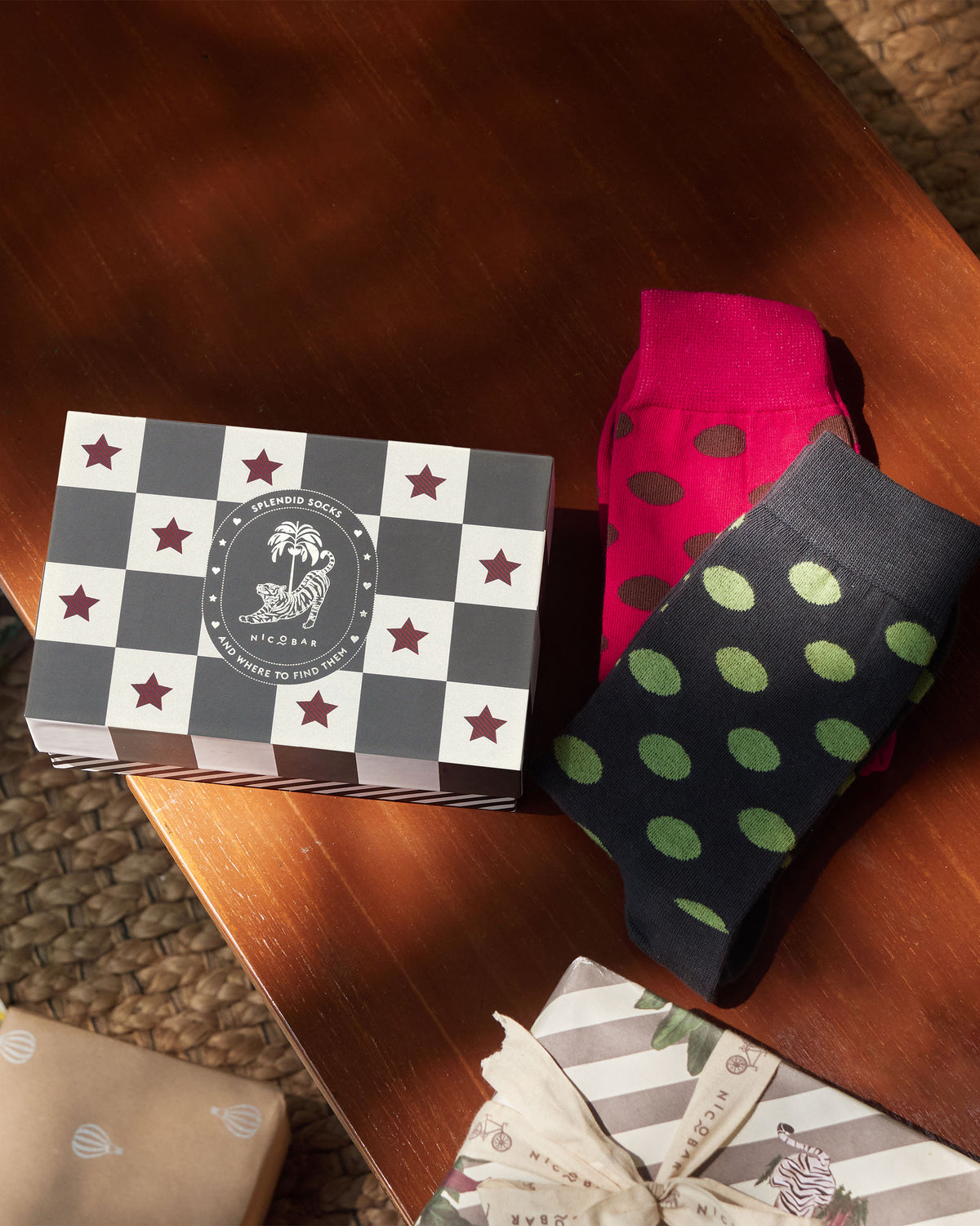 Polka Love socks gift set with a Splendid Socks box on a table.
