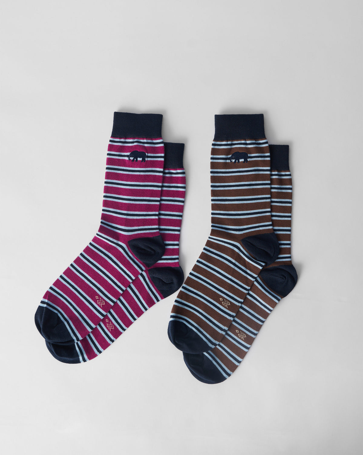 Stripey Socks set of mulberry and brown crew pairs with navy cuffs and elephant motif.