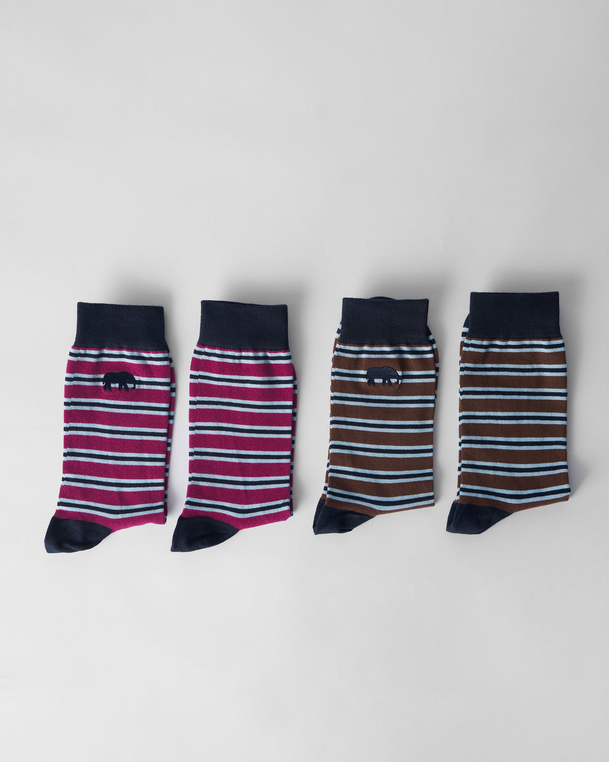 Stripey Socks set of four crew socks in mulberry and brown stripes with navy accents.