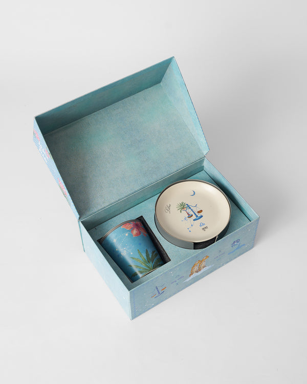 The open box with the mug and plate inside