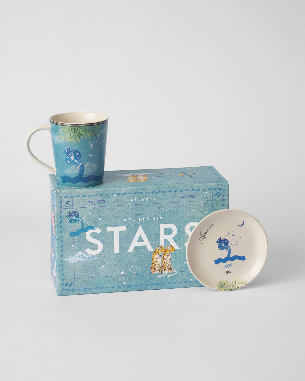 Nico Aquarius mug, tea plate, and Guided by Stars gift box.