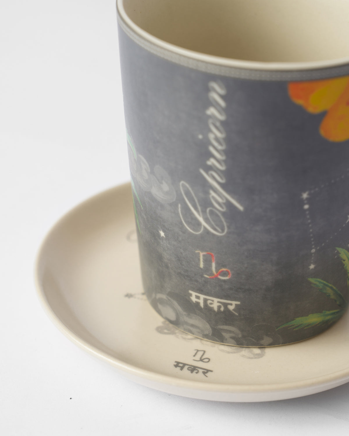 Close-up of Nico Capricorn Gift Set mug with Capricorn lettering and zodiac mark.