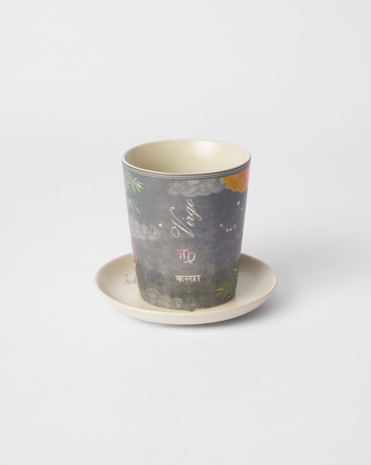 Nico Virgo mug on its tea plate showing Virgo and कन्या lettering.