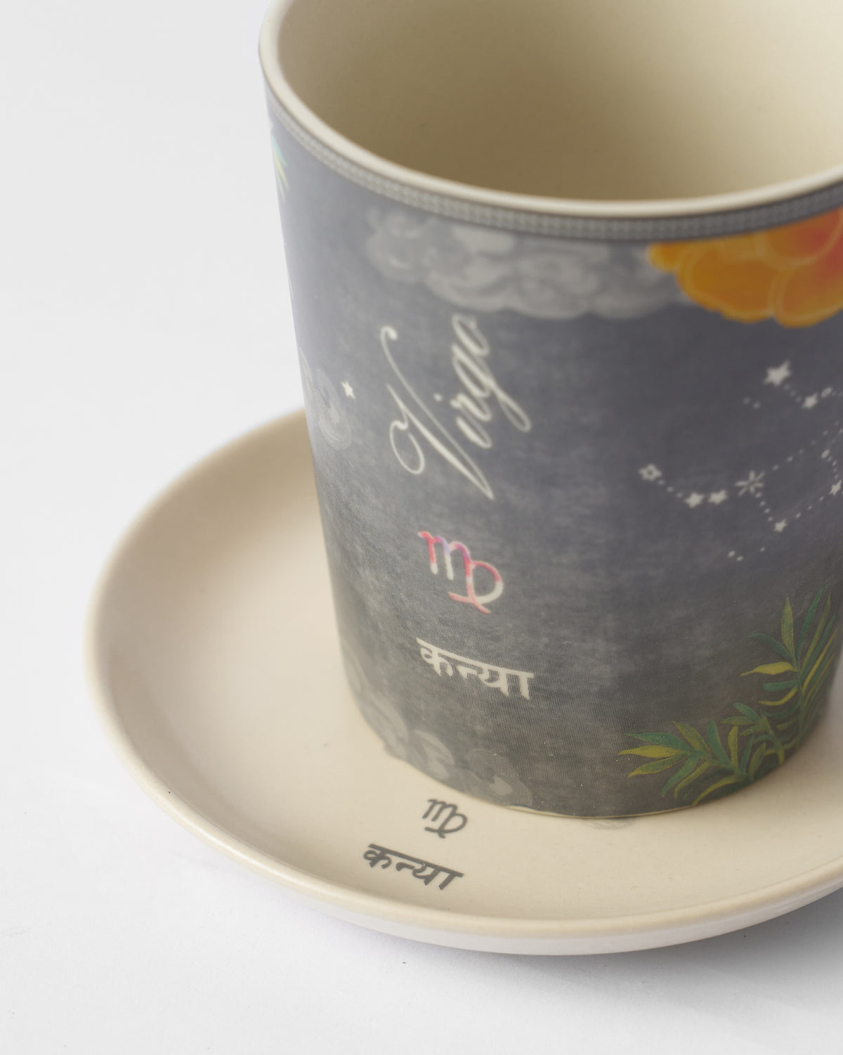 Close-up of the Nico Virgo mug with Virgo and कन्या lettering.