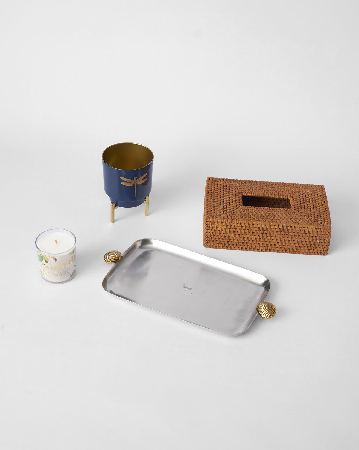 Laya gift set tray, rattan tissue box, navy planter and jar candle.