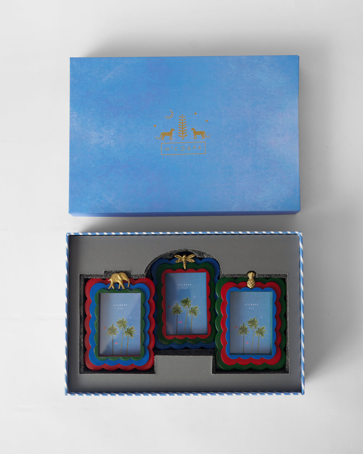 Open Tropics gift box holding three scalloped photo frames.