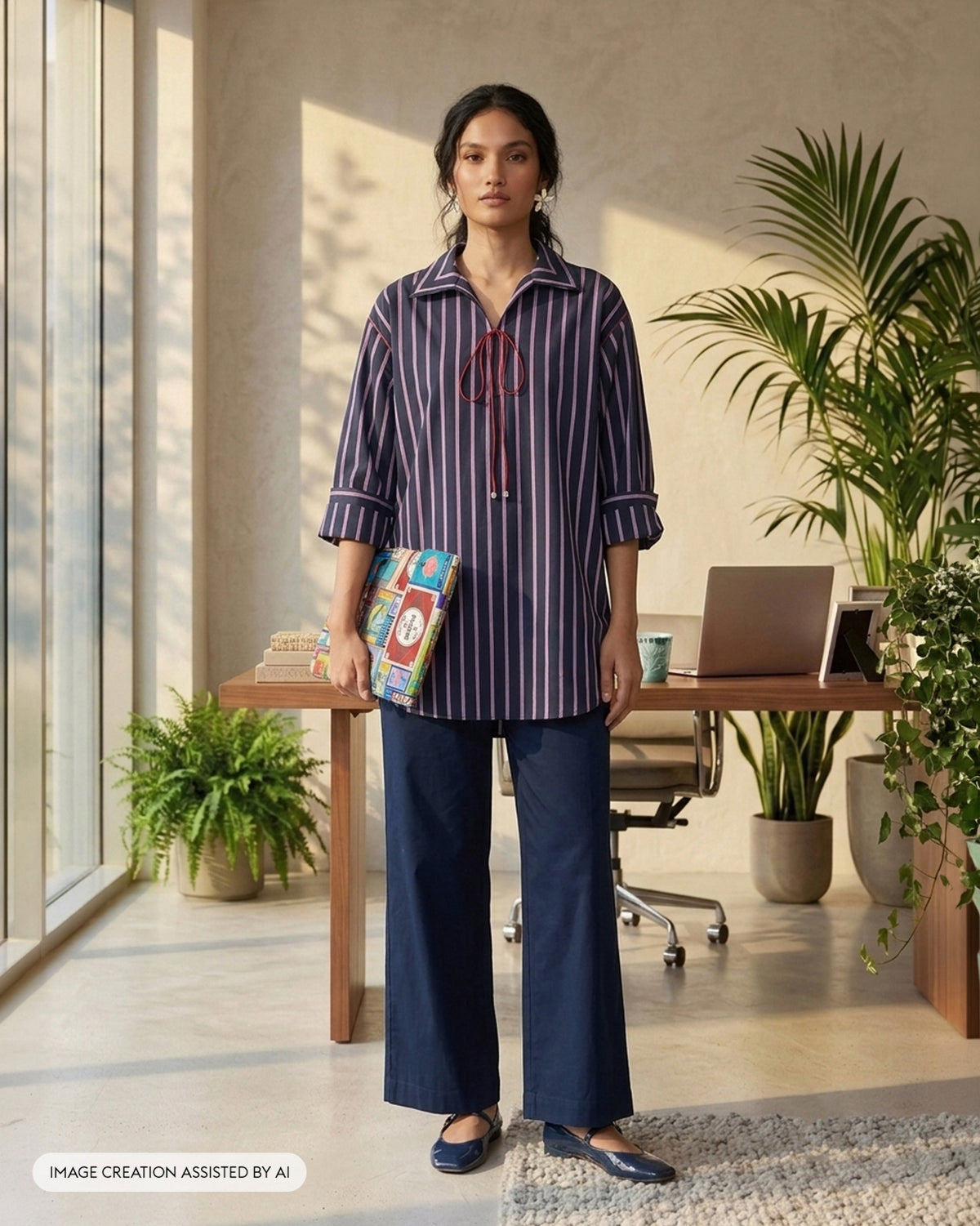 Navy Vita Pants worn with a striped tunic.
