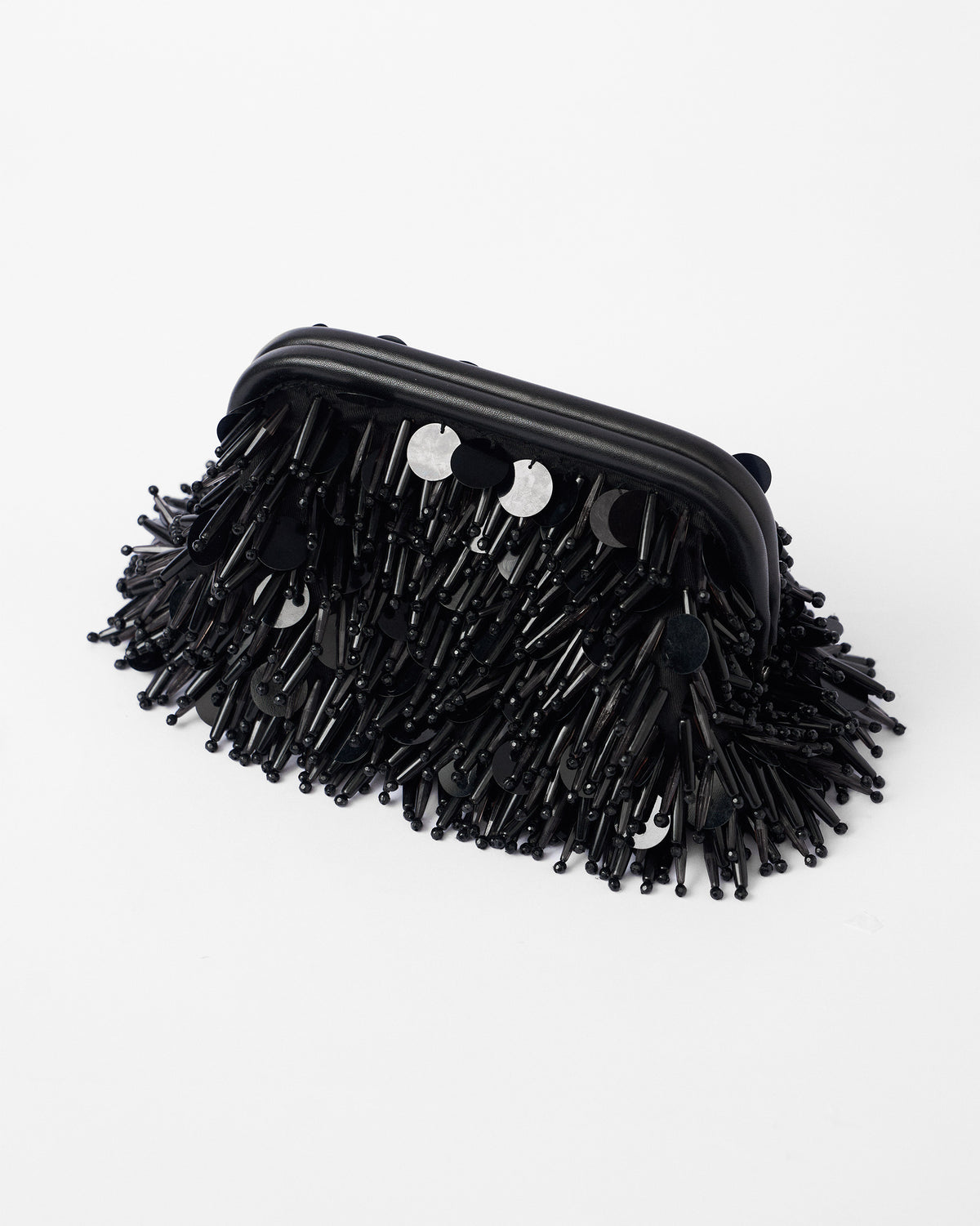 Black Starry Night Clutch with beaded fringe and silver sequins.